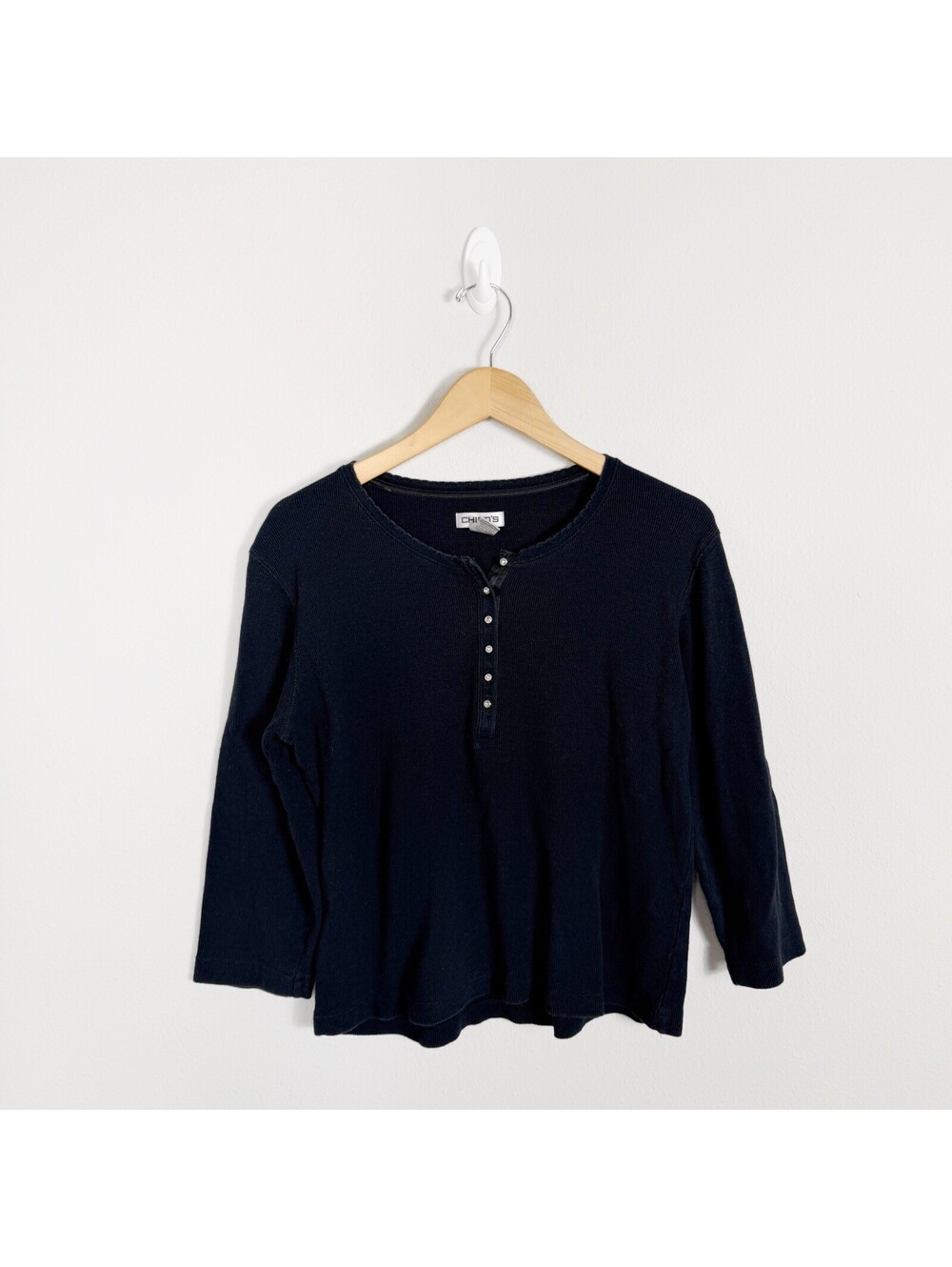 Chico's Y2K Black Rhinestone Henley Long Sleeve Top Cotton Size 1 (medium 8/10)